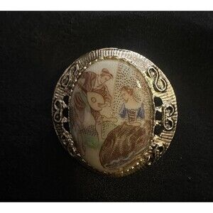 Vintage WMAC Ceramic Brooch Painted Oval Gold Tone Filigree Frame Pin